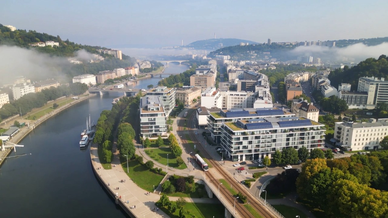 Solar panels on the roofs of a modern city